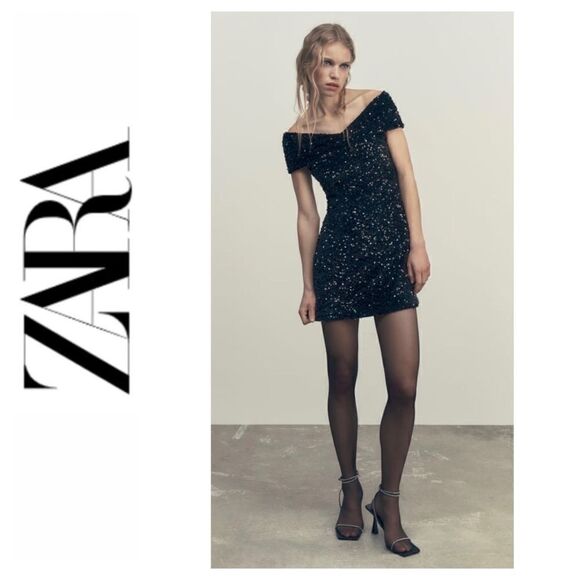 NWT Zara Festive Days Blogger’s Fave Sequined Velvet Off-the-Shoulder Mini Dress - Picture 1 of 16